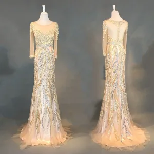 Luxe Champagne Robe De Soirée 2018 Trompette Sirène Perlage Cristal Perle Faux Diamant Paillettes Encolure Dégagée Manches Longues Train De Balayage Robe De Ceremonie