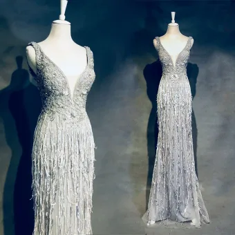 Luxe Zilveren Avondjurken 2018 Trompet Zeemeermin Kralen Kwast Kristal Rhinestone V Hals Ruglooze Mouwloos Lange Gelegenheid Jurken
