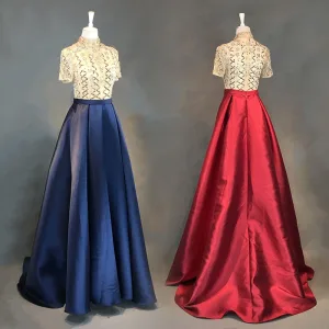 Fine Mørk Marineblå Selskapskjoler 2018 Prinsesse Sash Håndlaget Beading Krystall Rhinestone Paljetter Høy Hals 1 2 Ermer Feie Tog Formelle Kjoler