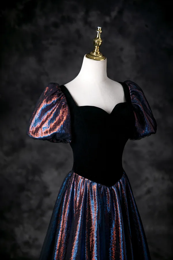 Vintage / Retro Black Starry Sky Multi-Colors Prom Dresses 2025 A-Line / Princess Square Neckline Short Sleeve Backless Floor-Length / Long Prom Formal Dresses