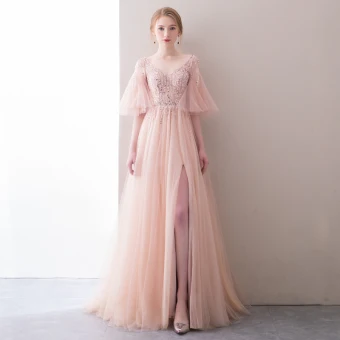 Chic Belle Rougissant Rose Robe De Soirée 2018 Princesse Perlage Paillettes Perle Fendue Devant V Cou 1 2 Manches Dos Nu Train De Balayage Robe De Ceremonie
