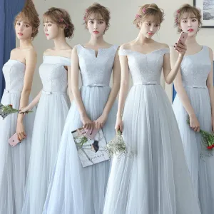 Chic Beautiful Grey Bridesmaid Dresses 2018 A Line Princess Bow Sleeveless Backless Floor Length Long Wedding Party Dresses