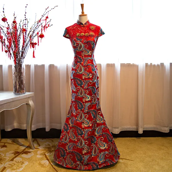 Chinese style Red Evening Dresses  2018 Trumpet / Mermaid Lace Embroidered Sequins Flower High Neck Short Sleeve Floor-Length / Long Formal Dresses