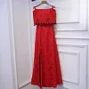 Chic / Beautiful Red Formal Dresses Evening Dresses  2017 Lace Flower Bow Off-The-Shoulder Sleeveless Ankle Length A-Line / Princess