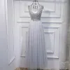 Brillante Plata Vestidos para bodas 2017 Con Encaje Lentejuelas Bowknot Scoop Escote Sin Mangas La altura del tobillo Empire Vestidos De Damas De Honor