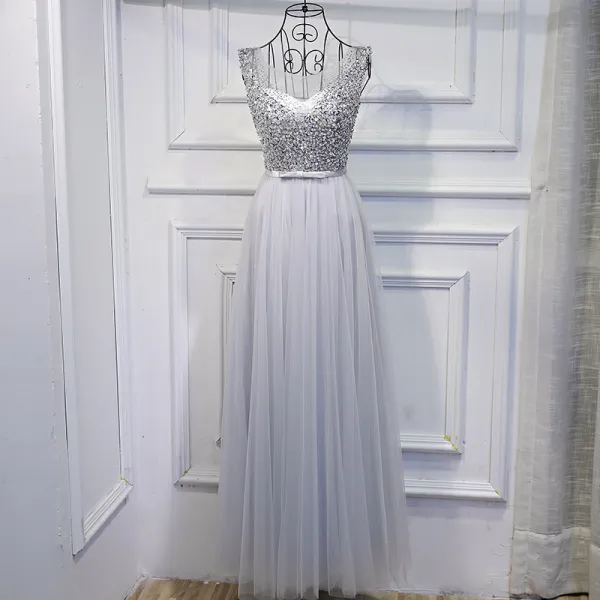 Sparkly Silver Wedding Party Dresses 2017 Lace Sequins Bow Scoop Neck Sleeveless Ankle Length Empire Bridesmaid Dresses
