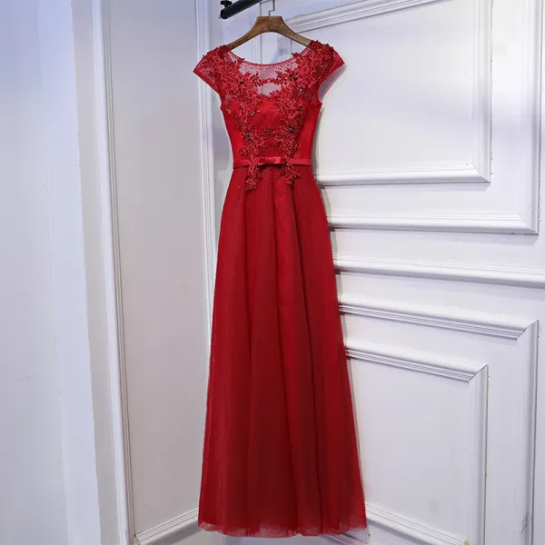 Chic / Beautiful Red Formal Dresses Evening Dresses  2017 Lace Flower Bow Sequins Scoop Neck Ankle Length Short Sleeve A-Line / Princess