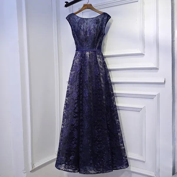 Chic / Beautiful Navy Blue Formal Dresses Prom Dresses 2017 Lace Flower Strappy Scoop Neck Short Sleeve Ankle Length A-Line / Princess