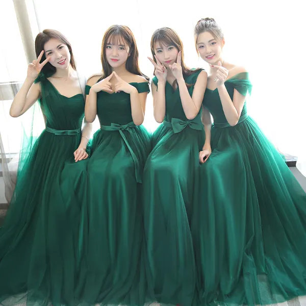 Modest / Simple Dark Green Bridesmaid Dresses 2018 A-Line / Princess Bow Sleeveless Backless Floor-Length / Long Wedding Party Dresses