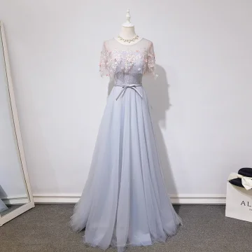 Chic Belle Argenté Robe De Soirée 2018 Princesse En Dentelle Fleur Appliques Noeud Encolure Dégagée Dos Nu Manches Courtes Longue Robe De Ceremonie