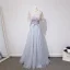Chic / Beautiful Silver Evening Dresses  2018 A-Line / Princess Lace Flower Appliques Bow Scoop Neck Backless Short Sleeve Floor-Length / Long Formal Dresses