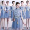 Chic / Beautiful Summer Sky Blue Bridesmaid Dresses 2018 A-Line / Princess Appliques Lace Bow Backless Short Wedding Party Dresses
