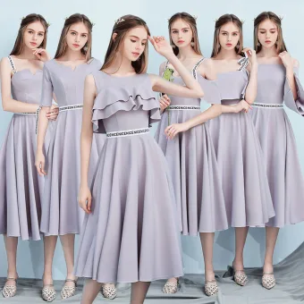 Modest Simple Grey Bridesmaid Dresses 2018 A Line Princess Sleeveless Backless Tea Length Wedding Party Dresses