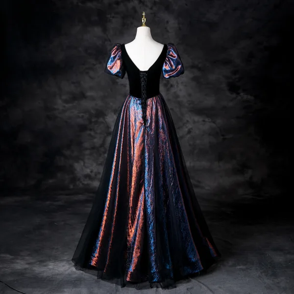 Vintage / Retro Black Starry Sky Multi-Colors Prom Dresses 2025 A-Line / Princess Square Neckline Short Sleeve Backless Floor-Length / Long Prom Formal Dresses