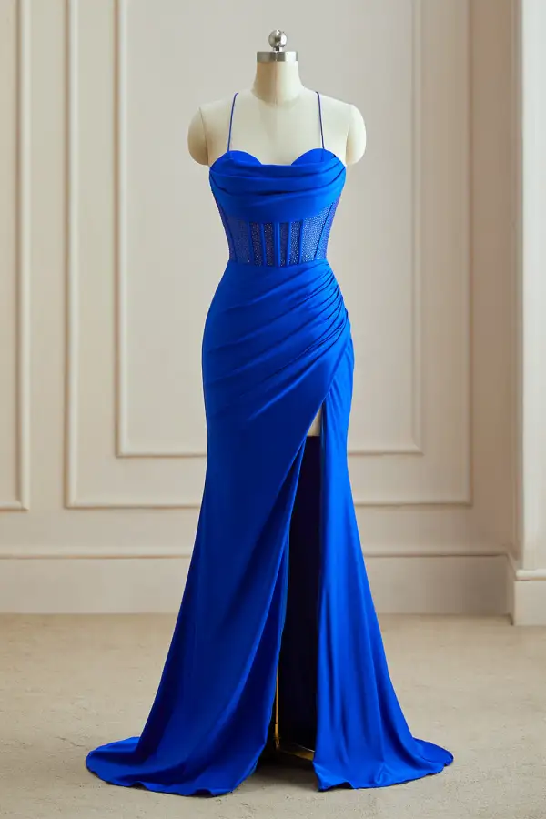 Sexy Royal Blue Split Front Evening Dresses 2024 Crossed Straps Sweep Train Satin Spaghetti Straps Trumpet / Mermaid Evening Party Formal Dresses