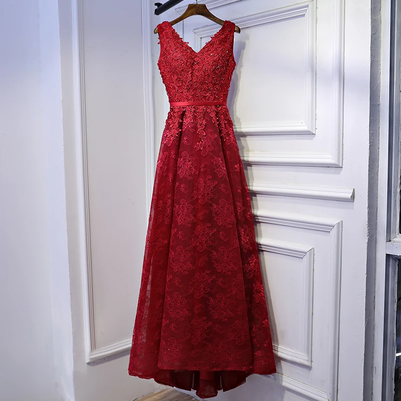Chic Beautiful Red Formal Dresses Evening Dresses 2017 Lace Flower Sequins  Strappy V Neck Sleeveless Asymmetrical A Line Princess