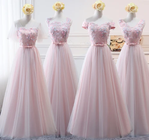 Schöne Rosa Brautjungfernkleider 2018 A Linie Applikationen Schleife Spitze Rückenfreies Lange Kleider Für Hochzeit