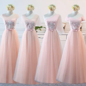 Elegant Pearl Pink Wedding Party Dresses 2018 A Line Princess Appliques Lace Bow Backless Floor Length Long Bridesmaid Dresses