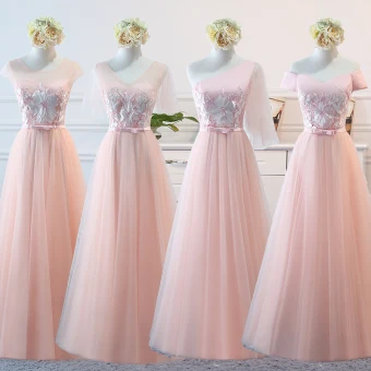 Elegant Pearl Pink Wedding Party Dresses 2018 A Line Princess Appliques Lace Bow Backless Floor Length Long Bridesmaid Dresses