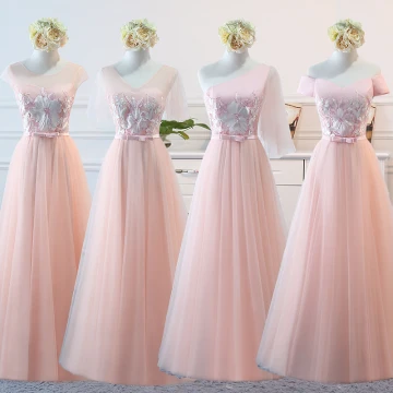 Elegant Pearl Pink Wedding Party Dresses 2018 A Line Princess Appliques Lace Bow Backless Floor Length Long Bridesmaid Dresses