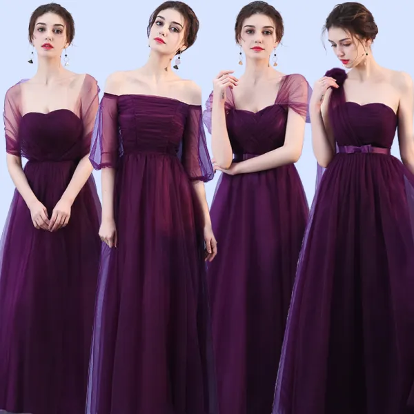 Wedding Party Dresses Bridesmaid Dresses Grape Crossed Straps Backless Bow Ankle Length Tulle Wedding Bridesmaid Fall Spring Summer Modest / Simple A-Line / Princess 2018