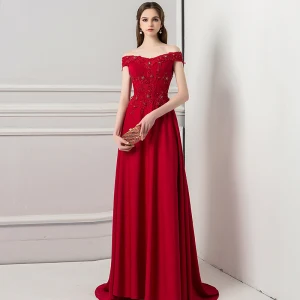 Chic Belle Bordeaux Robe De Soirée 2018 Princesse En Dentelle Perlage Perle Faux Diamant De L Épaule Sans Manches Dos Nu Train De Balayage Robe De Ceremonie