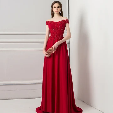 Chic Beautiful Burgundy Evening Dresses 2018 A Line Princess Lace Beading Pearl Rhinestone Off The Shoulder Sleeveless Backless Sweep Train Formal Dresses