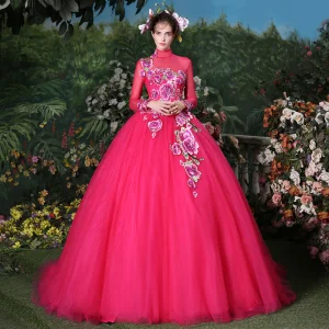 Traditionnel Fushia Robe De Bal 2018 Robe Boule Cristal Perle Brodé Col Haut Dos Nu Manches Longues Train De Balayage Robe De Ceremonie