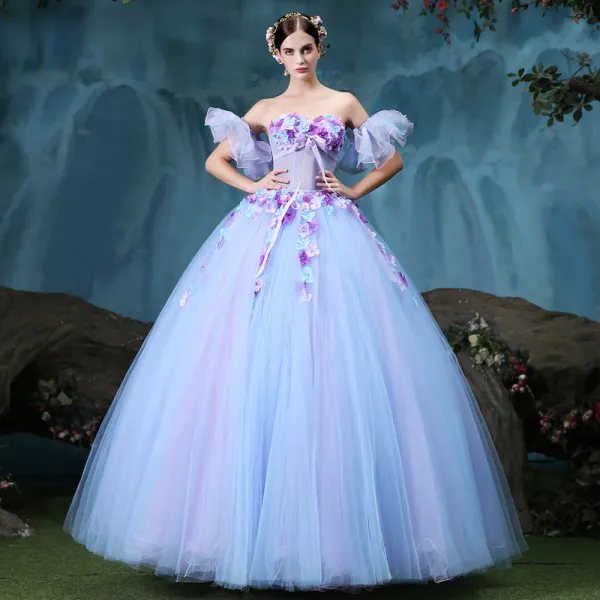 Vintage / Retro Quinceañera Lavender Prom Dresses 2018 Ball Gown Appliques Rhinestone Sweetheart Backless Sleeveless Floor-Length / Long Formal Dresses
