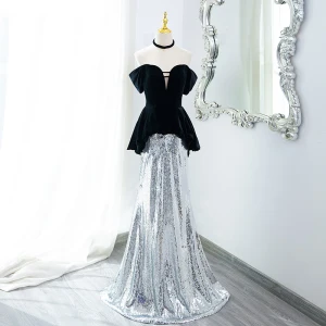 Charmant Noire Paillettes Robe De Soirée 2024 Trompette Sirène Bustier Sans Manches Dos Nu Train De Balayage Soirée Robe De Ceremonie