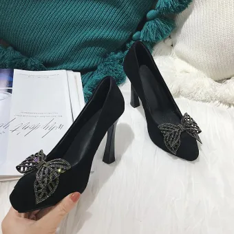 Chic Belle Noire Promo Escarpins 2021 Cuir Faux Diamant Noeud 10 Cm Talons Aiguilles À Bout Pointu Escarpins Talons Hauts
