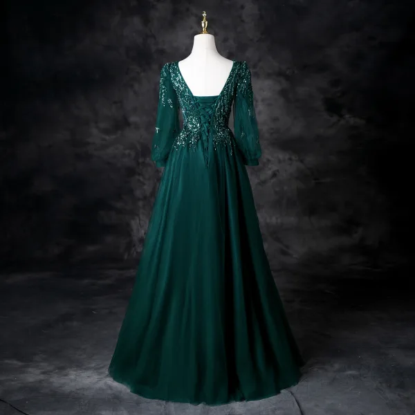 Vintage / Retro Dark Green Beading Sequins Prom Dresses 2025 A-Line / Princess V-Neck 3/4 Sleeve Backless Floor-Length / Long Prom Formal Dresses