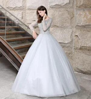 Sparkly Grey Prom Dresses 2018 Ball Gown Beading Sequins Scoop Neck Long Sleeve Backless Floor Length Long Formal Dresses