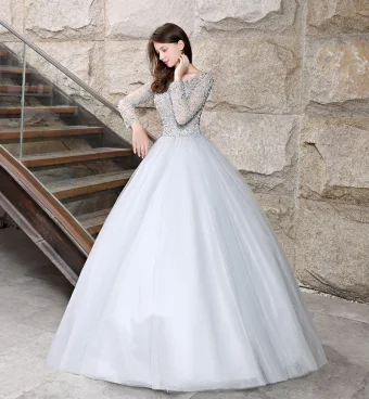 Sparkly Grey Prom Dresses 2018 Ball Gown Beading Sequins Scoop Neck Long Sleeve Backless Floor Length Long Formal Dresses