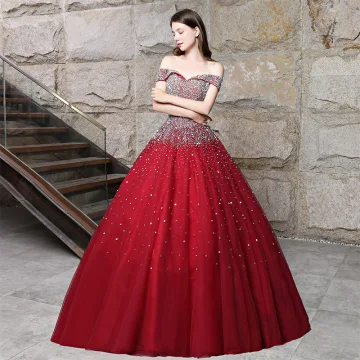 Sparkly Burgundy Prom Dresses 2018 Ball Gown Beading Rhinestone Sequins Off The Shoulder Backless Sleeveless Floor Length Long Formal Dresses