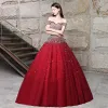 Sparkly Burgundy Prom Dresses 2018 Ball Gown Beading Rhinestone Sequins Off-The-Shoulder Backless Sleeveless Floor-Length / Long Formal Dresses