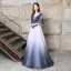Chic / Beautiful Navy Blue Evening Dresses  2018 A-Line / Princess Appliques Lace Sequins Square Neckline Backless 3/4 Sleeve Floor-Length / Long Formal Dresses