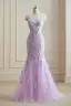 Stunning Lavender Lace Flower Evening Dresses 2024 Spaghetti Straps Trumpet / Mermaid Crossed Straps Floor-Length / Long Engagement Formal Dresses