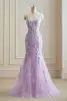 Slående Lavendel Blonder Blomst Selskapskjoler 2024 Spaghettistropper Trompet / Havfrue Kryssede Stropper Lange Forlovelses Formelle Kjoler