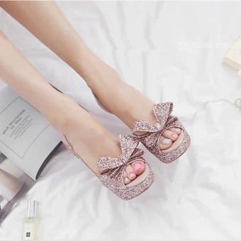 Scintillantes Rougissant Rose Chaussures Femmes 2018 Cuir Verni Paillettes Noeud 11 Cm Talons Aiguilles Peep Toes Bout Ouvert Talons Hauts