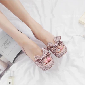 Sparkly Blushing Pink Womens Shoes 2018 Patent Leather Sequins Bow 11 Cm Stiletto Heels Open Peep Toe High Heels