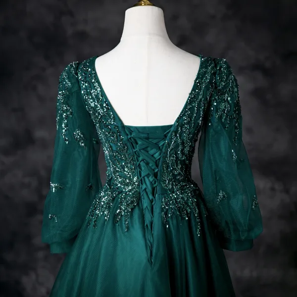 Vintage / Retro Dark Green Beading Sequins Prom Dresses 2025 A-Line / Princess V-Neck 3/4 Sleeve Backless Floor-Length / Long Prom Formal Dresses