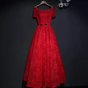 Hermoso Rojo Vestidos Formales Vestidos De Noche 2017 De Encaje Flor Bowknot Lentejuelas Escote Cuadrado Manga Corta La Altura Del Tobillo A Line Princess