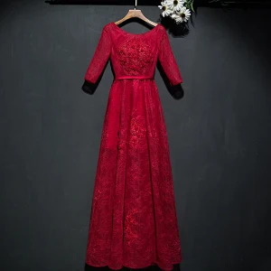 Chic Belle Rouge Robe De Ceremonie Robe De Soirée 2017 Dentelle Fleur Paillettes Encolure Dégagée 1 2 Manches Longueur Cheville Princesse