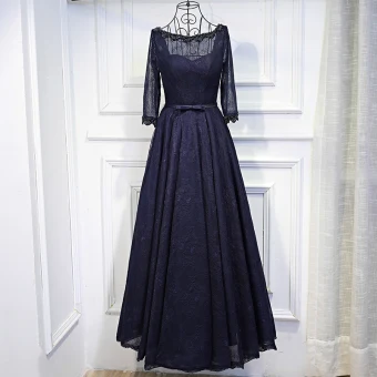 Chic Belle Bleu Marine Robe De Ceremonie 2017 En Dentelle Fleur Paillettes Noeud Encolure Dégagée 3 4 Manches Longueur Cheville Princesse Robe De Soirée