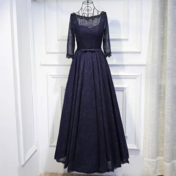 Chic Belle Bleu Marine Robe De Ceremonie 2017 En Dentelle Fleur Paillettes Noeud Encolure Dégagée 3 4 Manches Longueur Cheville Princesse Robe De Soirée
