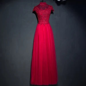 Chic Belle Rouge Robe De Ceremonie 2017 En Dentelle Fleur Paillettes Col Haut Manches Courtes Longue Empire Robe De Soirée