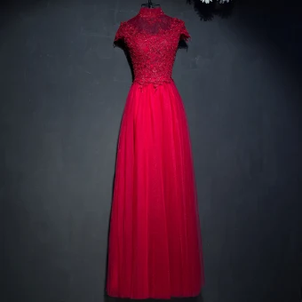 Chic Belle Rouge Robe De Ceremonie 2017 En Dentelle Fleur Paillettes Col Haut Manches Courtes Longue Empire Robe De Soirée