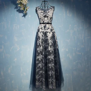 Elegant Mørk Marineblå Formelle Kjoler 2017 Blonder Blomst Sløyfe Scoop Halsen Uten Ermer Ankel Lengde Empire Selskapskjoler