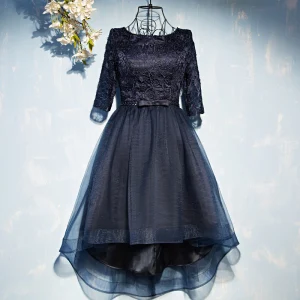 Chic Belle Bleu Marine Robe De Ceremonie Robe De Soirée 2017 Dentelle Fleur Noeud Paillettes Encolure Dégagée 1 2 Manches Courte Princesse